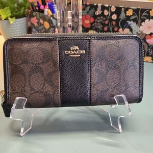 COACH Signature Black Brown Accordion Zip Round Long Wallet